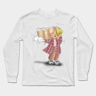 Little Girl And Cat Overwhelmed By Strong Wind Long Sleeve T-Shirt